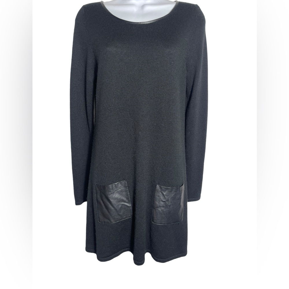 Halogen size small little black dress with faux leather pockets and‎ trim